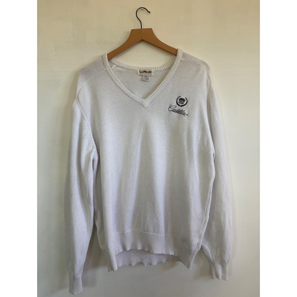 LaMode Cadillac Embroidered V-Neck Sweater Mens XL White Cotton Knit Pullover